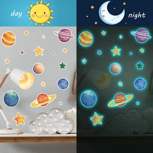 Luminous space planet wall stickers showing day and night glow effect for home decor