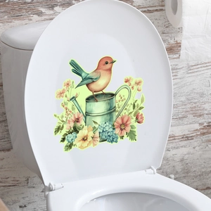 Luminous toilet lid decal with watercolor bird perched on vintage watering can and flowers