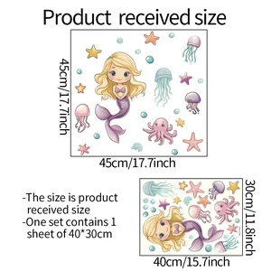 Size specifications for glowing mermaid and jellyfish cartoon wall stickers set