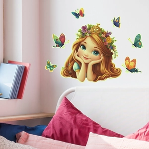 Detail of cartoon princess wall sticker with colorful 3D butterflies in a cozy bedroom