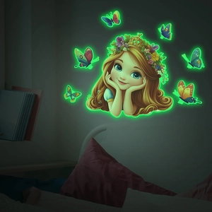 Luminous wall stickers set featuring a cartoon girl and glowing butterflies in bedroom