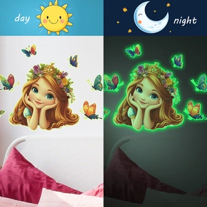 Fluorescent princess and butterfly wall stickers for kids' bedroom in day and night views