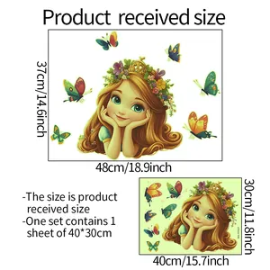Size chart showing sheet and display dimensions for princess and butterfly wall stickers