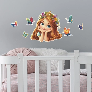 Luminous princess wall sticker with butterflies for kids bedroom decor over white crib