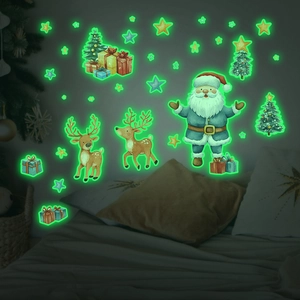 Detailed view of luminous Christmas wall stickers showing glow-in-the-dark reindeer and stars