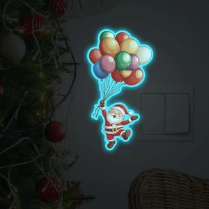 Luminous Santa Claus wall sticker with colorful balloons glowing in dark room