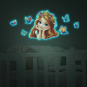 Glow-in-the-dark cartoon princess wall sticker with colorful butterflies for kids' room