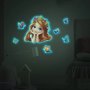 Luminous wall stickers with cartoon princess and colorful butterflies for bedroom decor