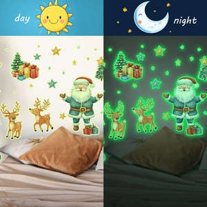 Luminous Christmas wall stickers with Santa, reindeer, and stars in day and night view
