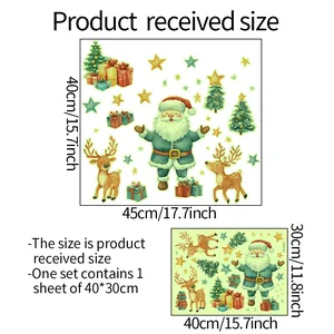 Detailed size chart for Christmas wall stickers with Santa, reindeer and tree patterns