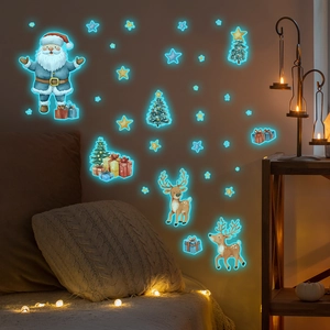 Luminous Christmas Wall Stickers Santa Claus Reindeer Christmas Tree Pattern PVC Glow In The Dark Cartoon Festival Decor Wall Decals