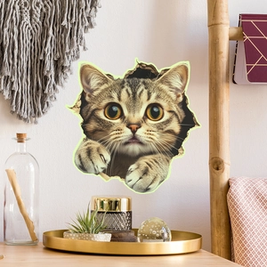 Detail of 3D lifelike tabby cat wall sticker with broken wall effect in home interior