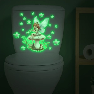 Luminous fairy on mushroom wall stickers with stars for creative bathroom decor