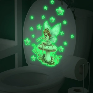 Luminous wall sticker featuring a fairy playing flute on a mushroom with glowing stars