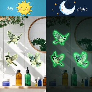 Luminous sparrow wall stickers showing colorful day and green night glowing effects