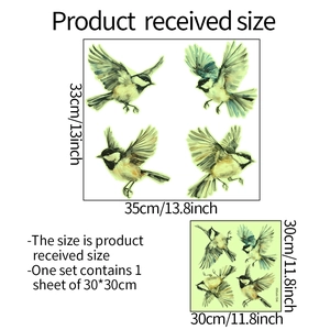 Detailed dimension guide for watercolor sparrow wall sticker, 30x30cm sheet size