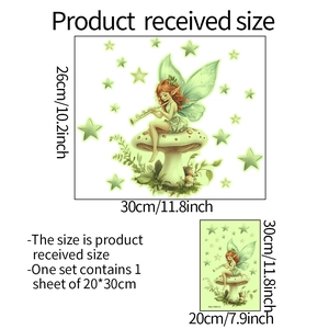 Luminous wall sticker showing forest fairy on mushroom with stars and product dimensions