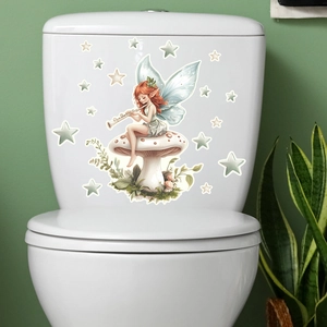 Luminous fairy playing flute on mushroom with stars wall sticker for toilet decoration