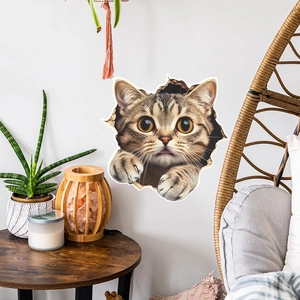 Detailed 3D effect of a brown tabby cat wall sticker peeking through a cracked wall hole