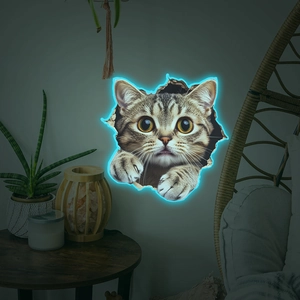 3D glowing wall sticker featuring a tabby cat breaking through wall with neon light effect