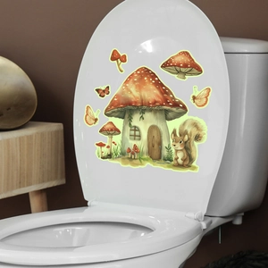 Luminous cartoon mushroom house and squirrel stickers on a white toilet lid