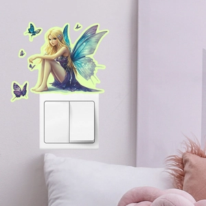 Luminous fairy wall sticker with glowing blue wings and butterflies near light switch