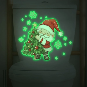 Sticker de Noël phosphorescent Père Noël et sapin sur réservoir de toilettes blanc