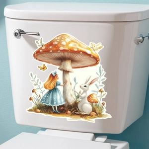 Detail of mushroom and Alice character stickers applied on a white toilet tank