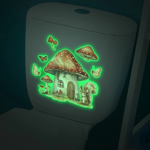Luminous forest stickers with mushroom house and squirrel glowing on a toilet tank