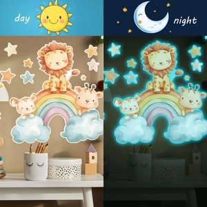 Stickers muraux lion arc-en-ciel phosphorescents pour chambre, effet jour et nuit