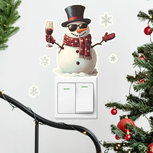 Glow-in-the-dark snowman wall sticker with sunglasses and wine glass for Christmas switches