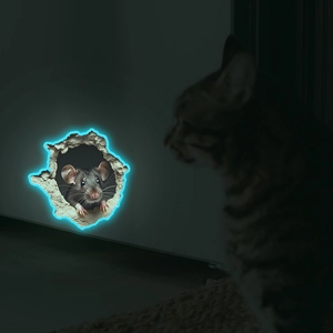 3D cartoon wall sticker featuring a glowing mouse hole with a curious cat back view