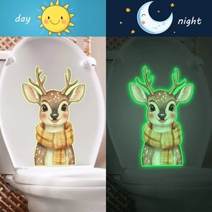 Luminous Cartoon Deer Scarf Toilet Sticker Glow In The Dark Waterproof PVC Decal Cute Fawn Bathroom Home Decoration Sticker