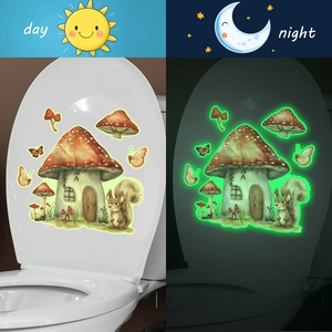 Luminous toilet stickers with mushroom house and squirrel design for day and night