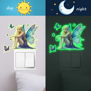 Luminous wall sticker featuring a fairy and butterflies for switch decoration, day and night effect