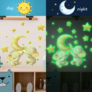 Glow In The Dark Wall Stickers Cartoon Elephant Moon Stars Fluorescent PVC Self Adhesive Decals For Kids Room Bedroom Home Decor