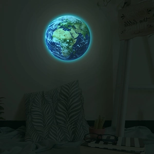 Detailed glowing Earth wall sticker showing realistic continent outlines in the dark