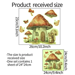 Detailed dimension guide for mushroom house and squirrel wall stickers 23cm x 26cm