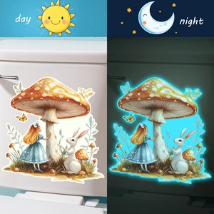 Luminous fairy tale mushroom and rabbit decals for bathroom decor showing day and night effect