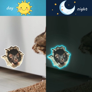 Luminous 3D cartoon mouse hole wall sticker showing realistic day and night glowing effects