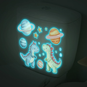 Luminous cartoon dinosaur and planets wall stickers with blue glow-in-the-dark effect