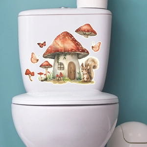 Luminous wall decal set featuring watercolor mushroom house and squirrel on toilet tank