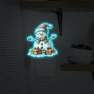 Luminous Christmas snowman wall sticker with colorful gift boxes glowing in the dark