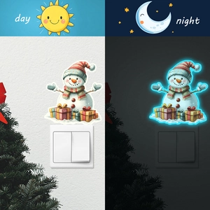 Luminous Christmas snowman switch wall sticker with gift boxes in day and night views