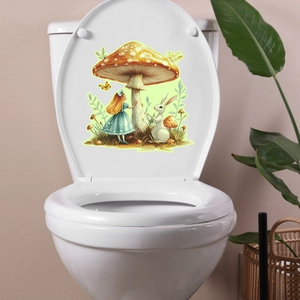 Luminous mushroom and Alice theme waterproof sticker applied on a white toilet lid