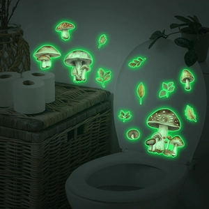 Luminous mushroom and leaf wall stickers with green fluorescent glow for bathroom decor