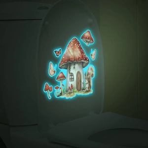 Luminous wall decal set with cartoon mushroom house and squirrel for bathroom decor