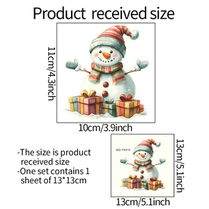 Detailed dimension guide for cartoon snowman wall stickers showing 13x13cm sheet size