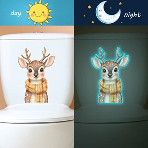 Luminous deer sticker for toilet tank with day and night glowing watercolor effect