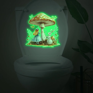 Luminous mushroom and rabbit stickers for bathroom decor glowing green in the dark